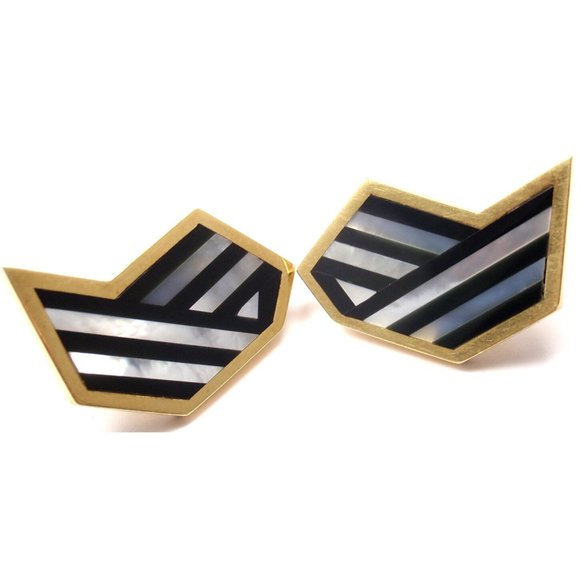 Rare! Authentic Tiffany & Co 18k Yellow Gold Black Jade Mother of Pearl Earrings - Picture 5 of 12